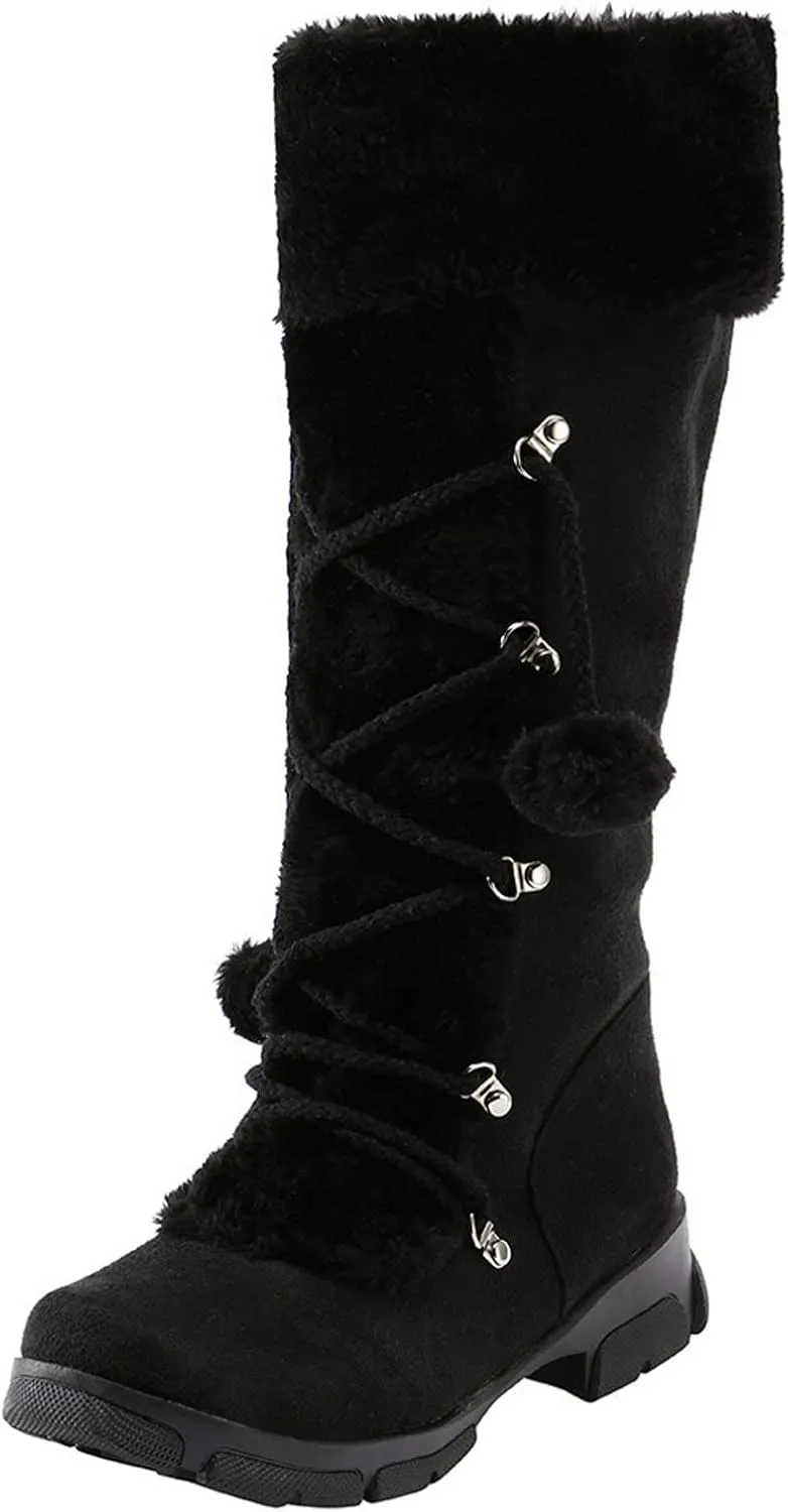 Snow Boots for Women Fur Boots for Women Knee High Retro Round Toe Suede Square Heel Warm Zipper Mid Calf Snow Boots