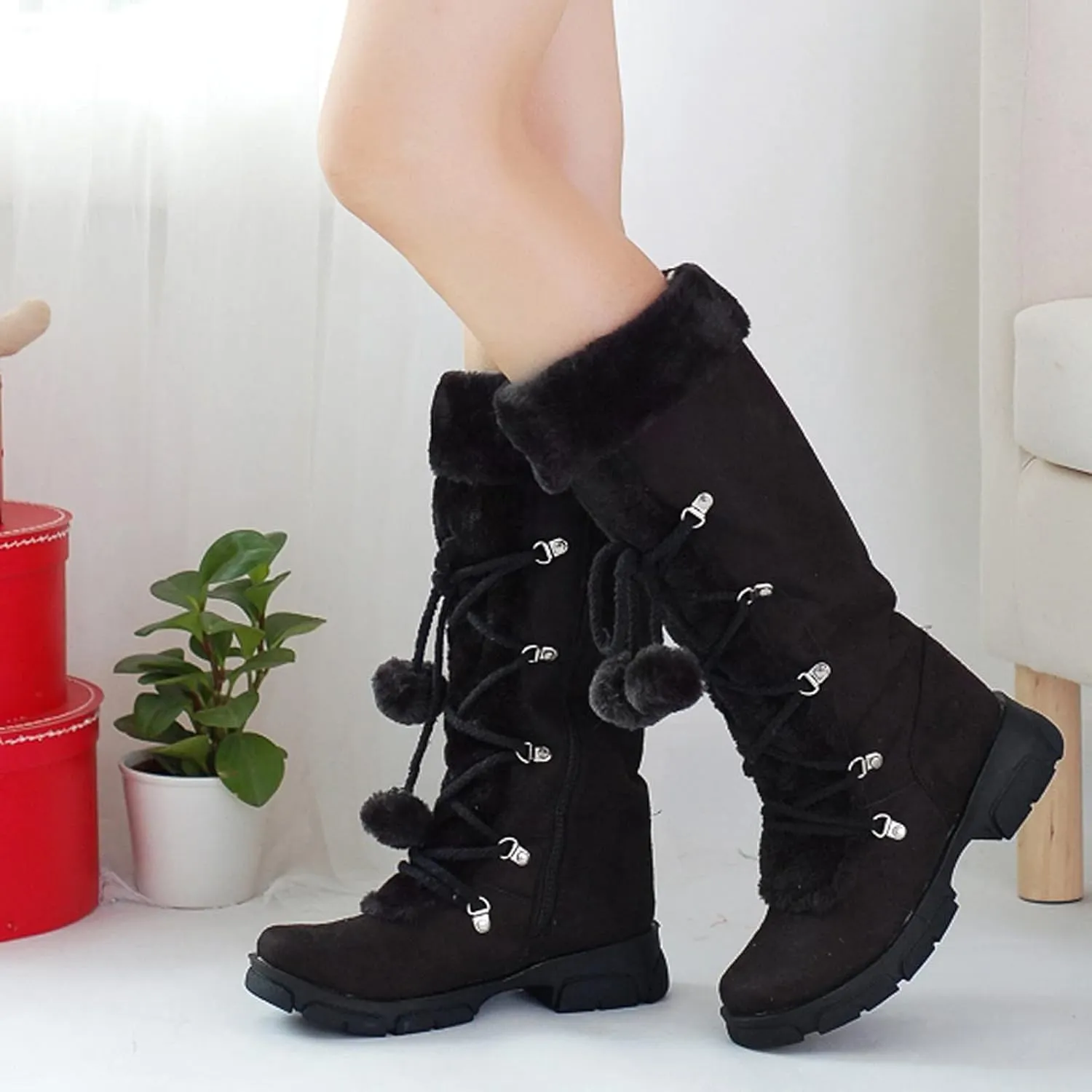 Snow Boots for Women Fur Boots for Women Knee High Retro Round Toe Suede Square Heel Warm Zipper Mid Calf Snow Boots