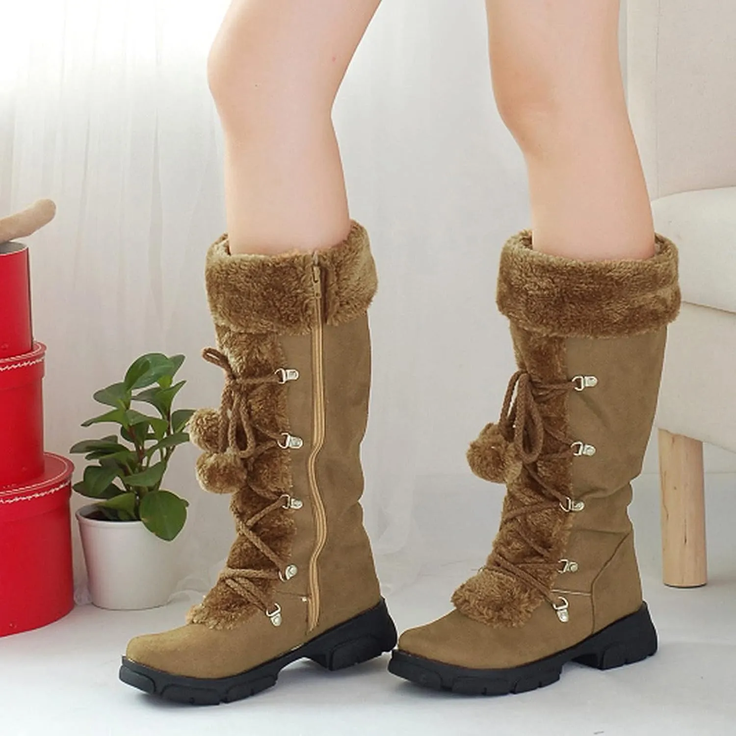 Snow Boots for Women Fur Boots for Women Knee High Retro Round Toe Suede Square Heel Warm Zipper Mid Calf Snow Boots
