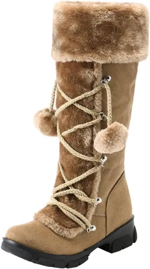 Snow Boots for Women Fur Boots for Women Knee High Retro Round Toe Suede Square Heel Warm Zipper Mid Calf Snow Boots