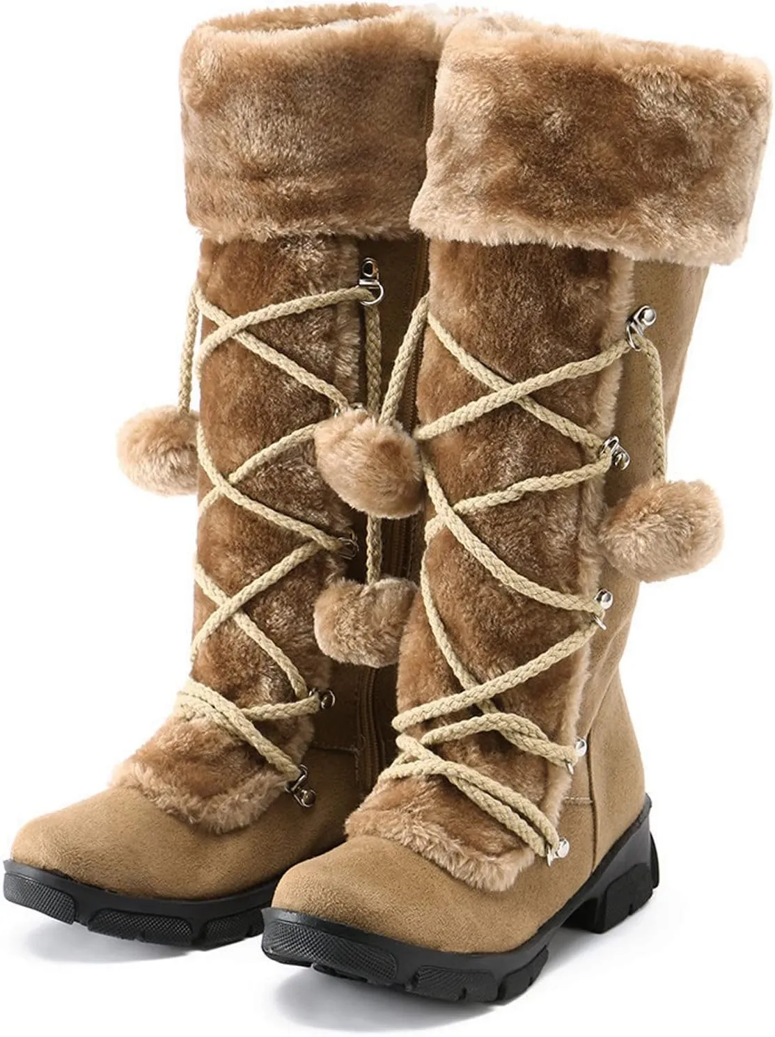 Snow Boots for Women Fur Boots for Women Knee High Retro Round Toe Suede Square Heel Warm Zipper Mid Calf Snow Boots