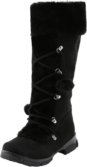 Snow Boots for Women Fur Boots for Women Knee High Retro Round Toe Suede Square Heel Warm Zipper Mid Calf Snow Boots