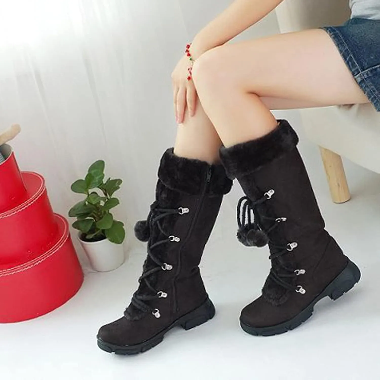 Snow Boots for Women Fur Boots for Women Knee High Retro Round Toe Suede Square Heel Warm Zipper Mid Calf Snow Boots