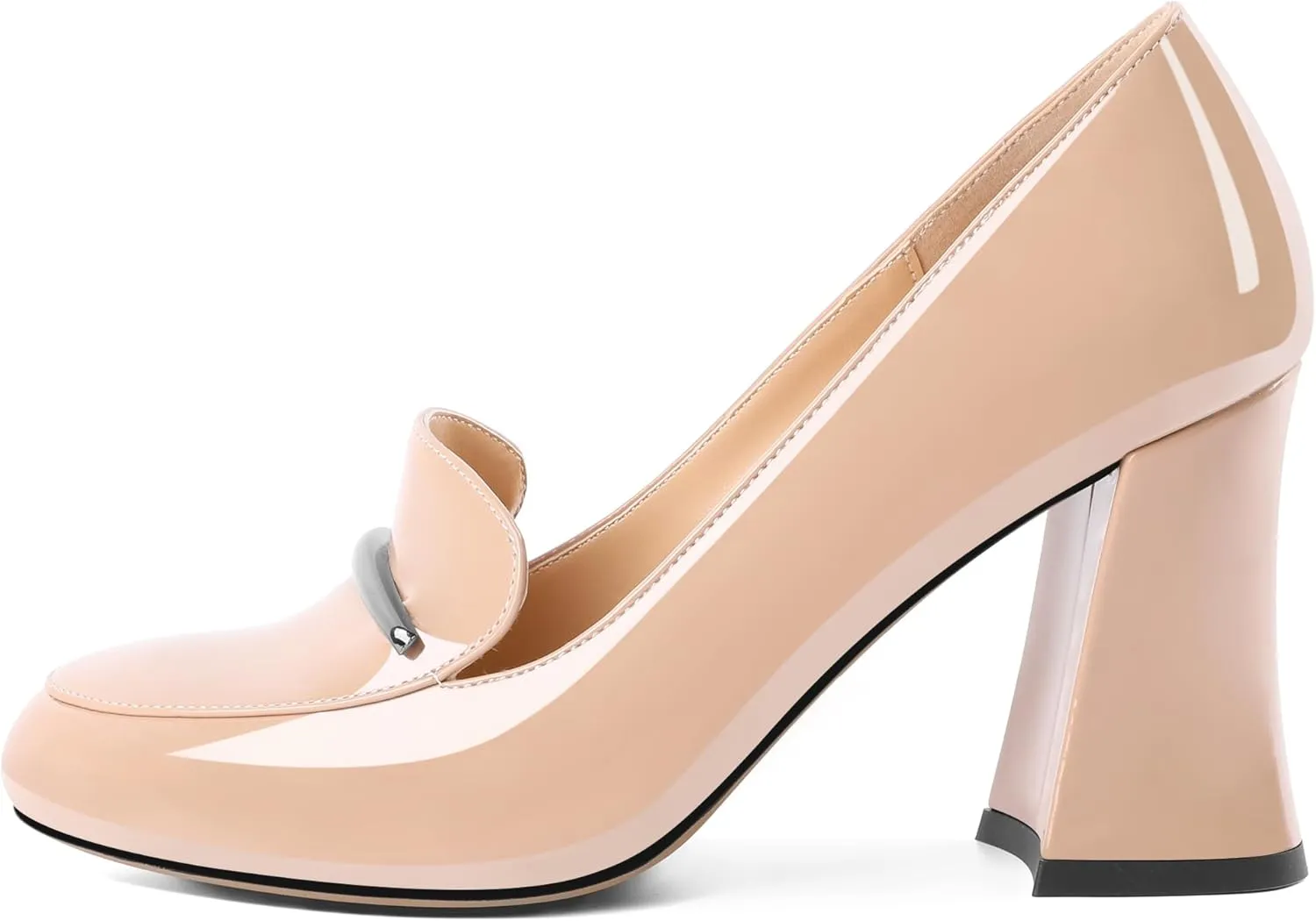 Soireelady Women Chunky Heel Pumps Block High Heel Slip On Closed Round Toe Loafer Heel Dress Shoes Work Casual Daily Patent Leather 3.5 Inches