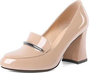 Soireelady Women Chunky Heel Pumps Block High Heel Slip On Closed Round Toe Loafer Heel Dress Shoes Work Casual Daily Patent Leather 3.5 Inches