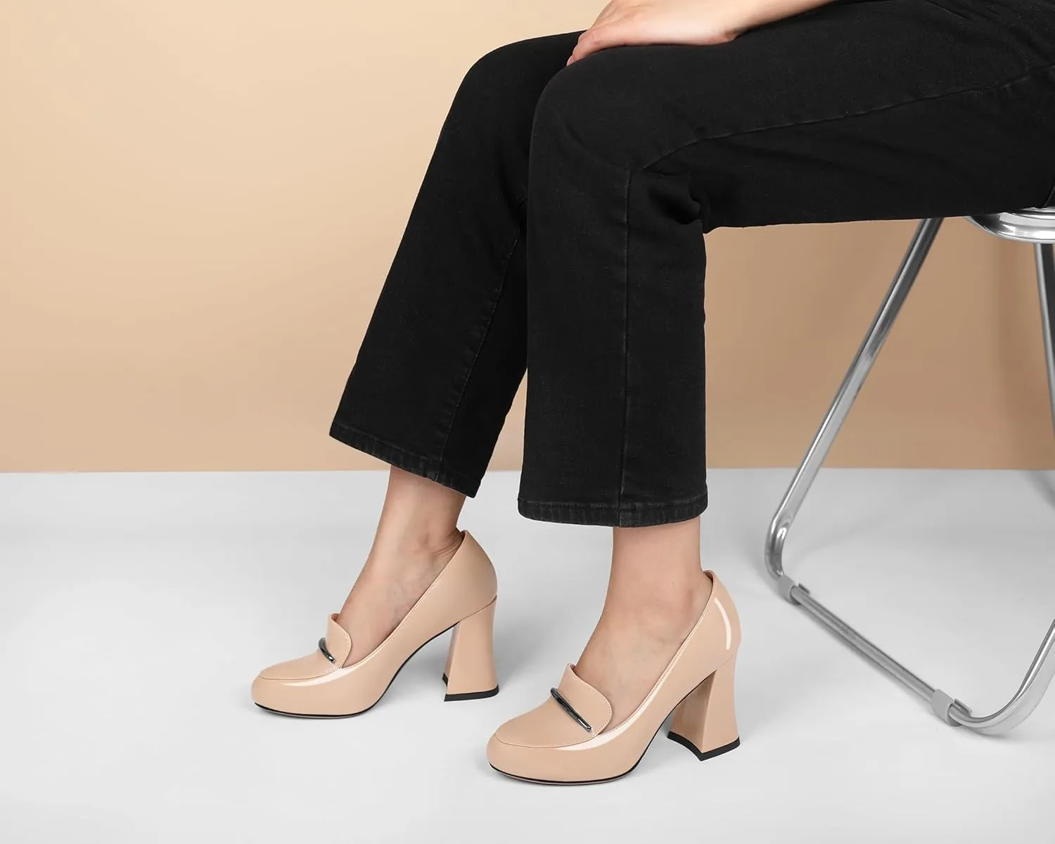 Soireelady Women Chunky Heel Pumps Block High Heel Slip On Closed Round Toe Loafer Heel Dress Shoes Work Casual Daily Patent Leather 3.5 Inches