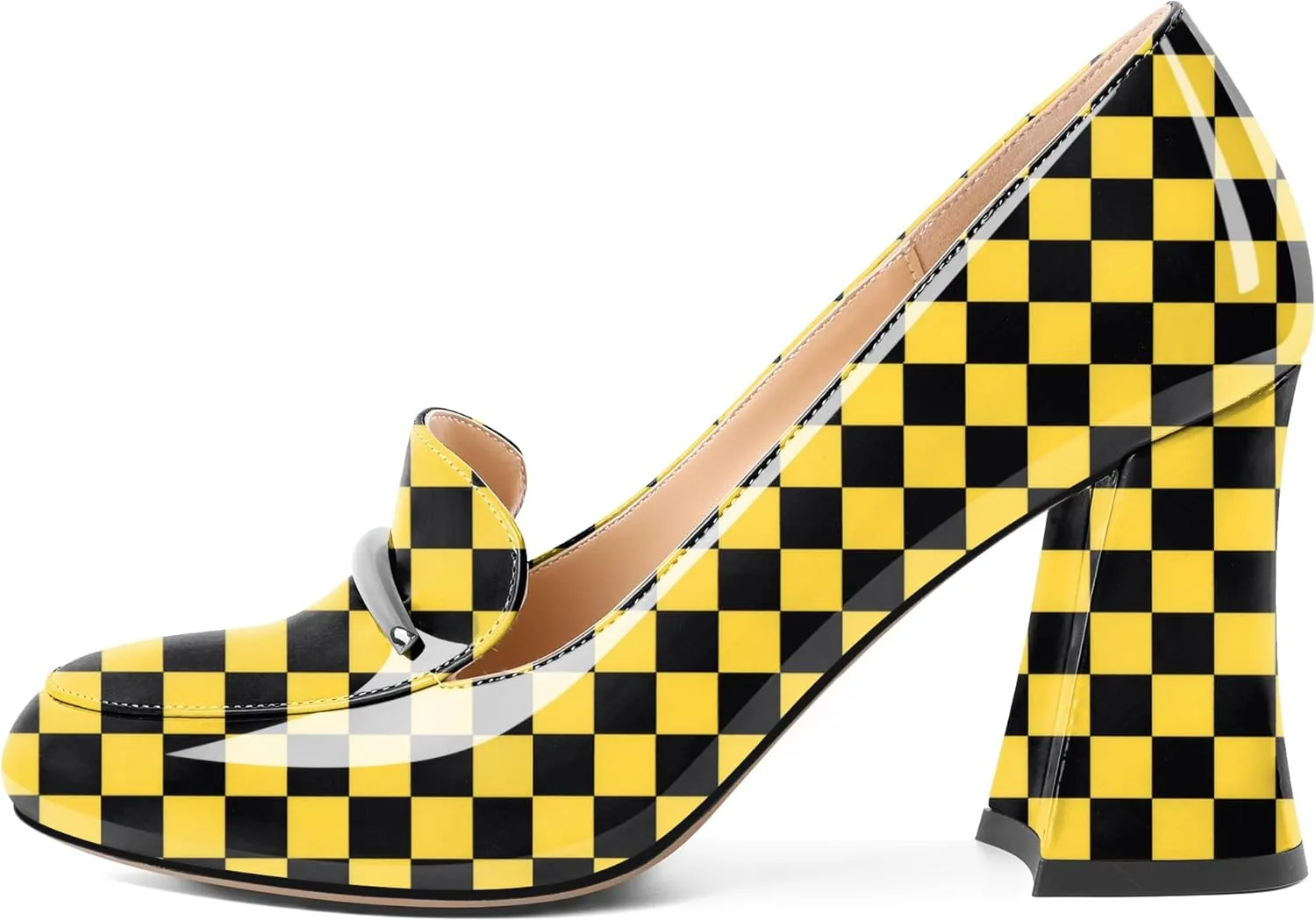 Soireelady Women Chunky Heel Pumps Block High Heel Slip On Closed Round Toe Loafer Heel Dress Shoes Work Casual Daily Patent Leather 3.5 Inches