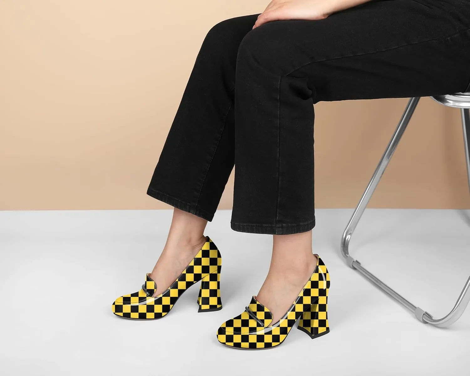 Soireelady Women Chunky Heel Pumps Block High Heel Slip On Closed Round Toe Loafer Heel Dress Shoes Work Casual Daily Patent Leather 3.5 Inches
