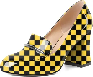 Soireelady Women Chunky Heel Pumps Block High Heel Slip On Closed Round Toe Loafer Heel Dress Shoes Work Casual Daily Patent Leather 3.5 Inches