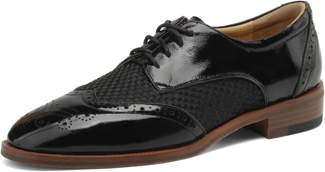 TinaCus Women's Genuine Leather Round Toe Perforated Patchwork Handmade Brogue Shoes