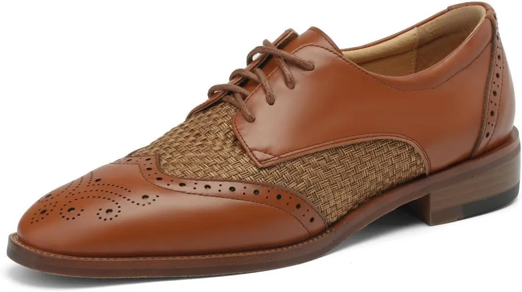 TinaCus Women's Genuine Leather Round Toe Perforated Patchwork Handmade Brogue Shoes