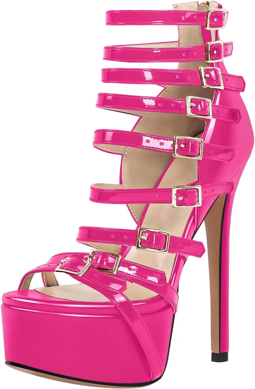 VERISSON Peep Toe Platform Sandals Multi-bands Zip up Stiletto High Heeled Sandal Boots