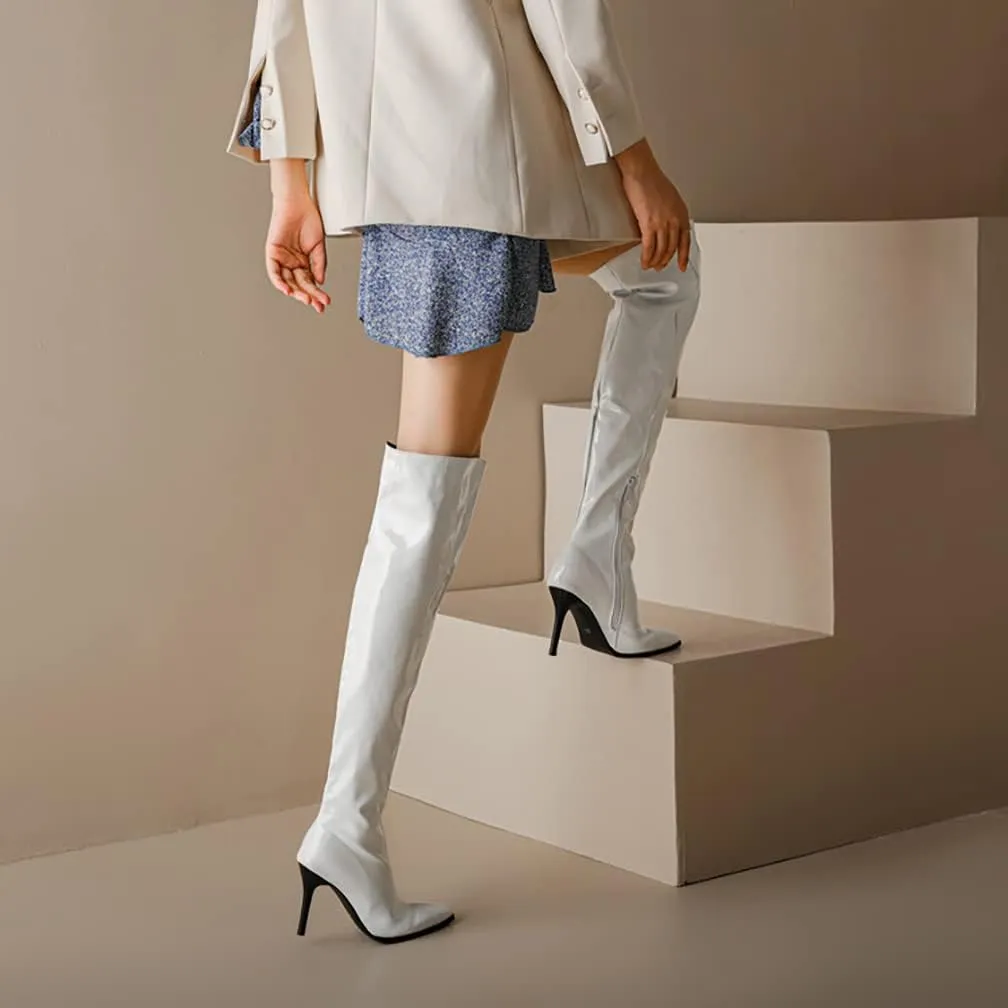 VULTRO Women's Over The Knee Thigh High Boots Pointy Toe Side Zipper Stiletto Stretch Long Boots