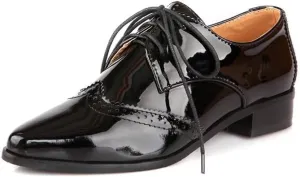 Women Brogue Derby Shoes Glossy Patent Pointed Toe Low Block Heels