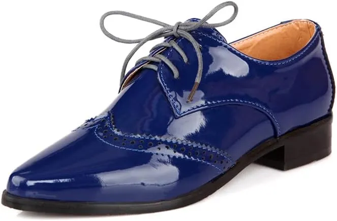 Women Brogue Derby Shoes Glossy Patent Pointed Toe Low Block Heels