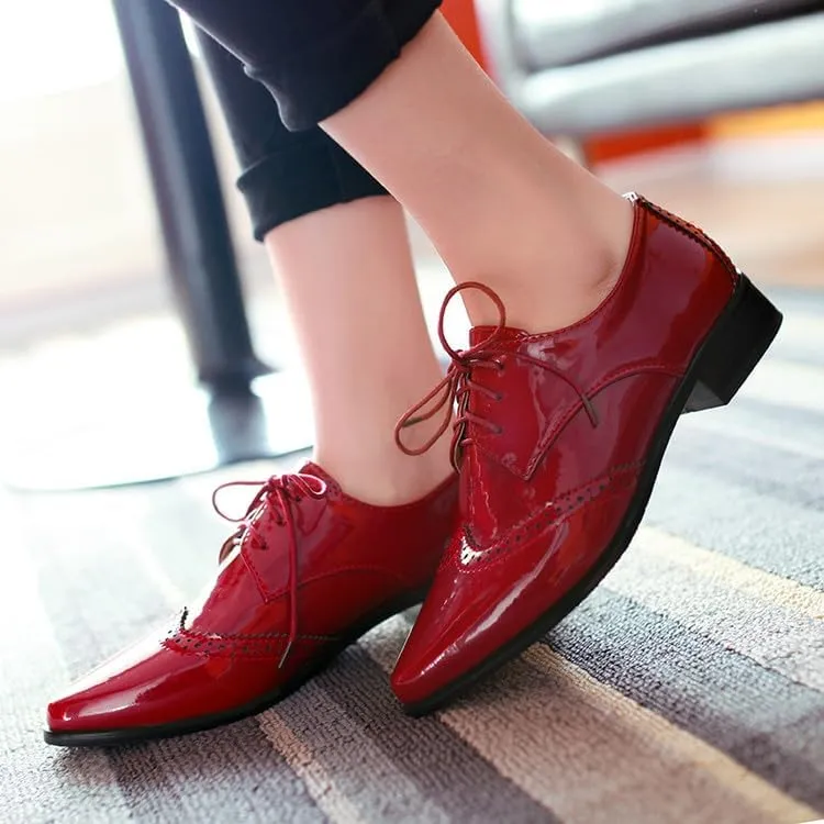 Women Brogue Derby Shoes Glossy Patent Pointed Toe Low Block Heels