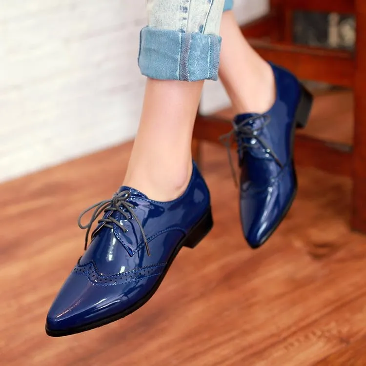 Women Brogue Derby Shoes Glossy Patent Pointed Toe Low Block Heels
