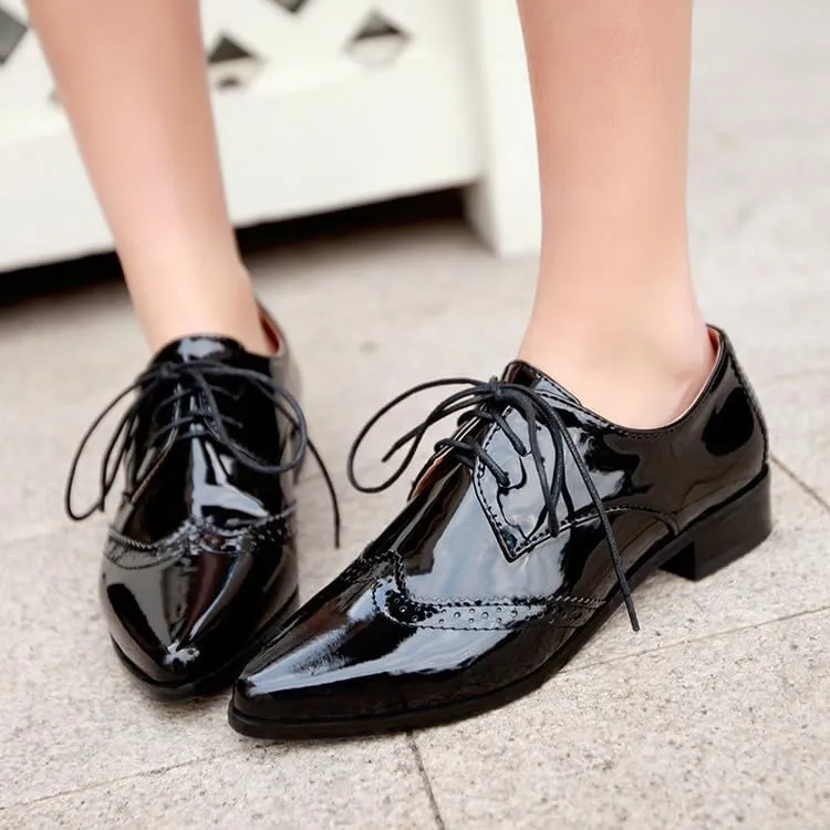 Women Brogue Derby Shoes Glossy Patent Pointed Toe Low Block Heels
