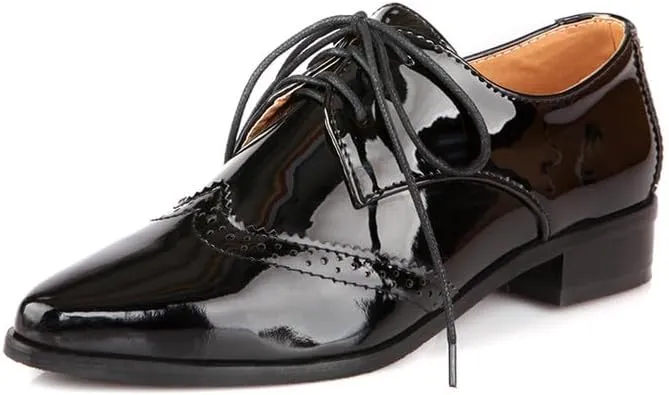Women Brogue Derby Shoes Glossy Patent Pointed Toe Low Block Heels