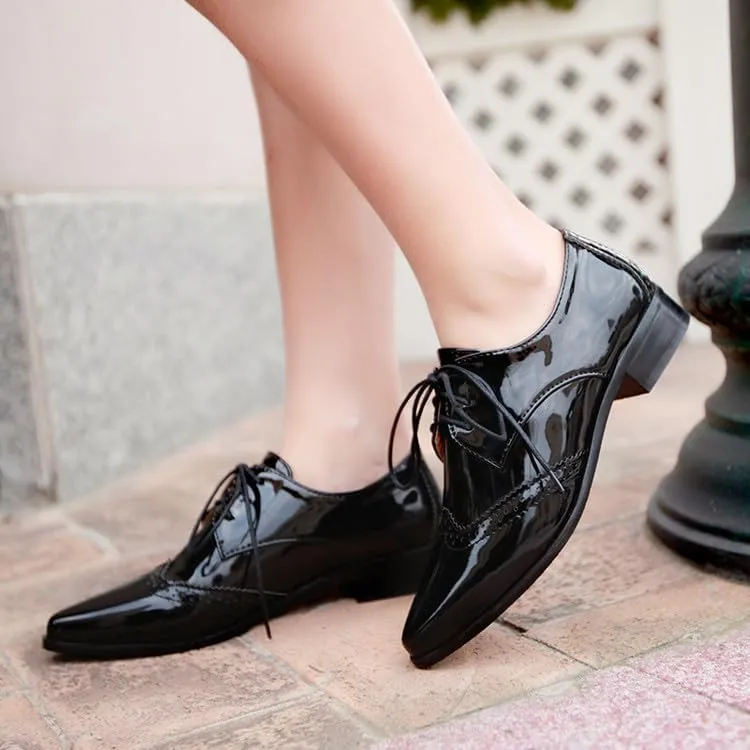 Women Brogue Derby Shoes Glossy Patent Pointed Toe Low Block Heels