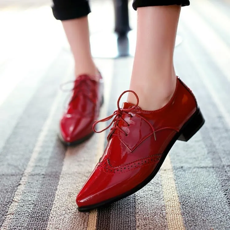 Women Brogue Derby Shoes Glossy Patent Pointed Toe Low Block Heels