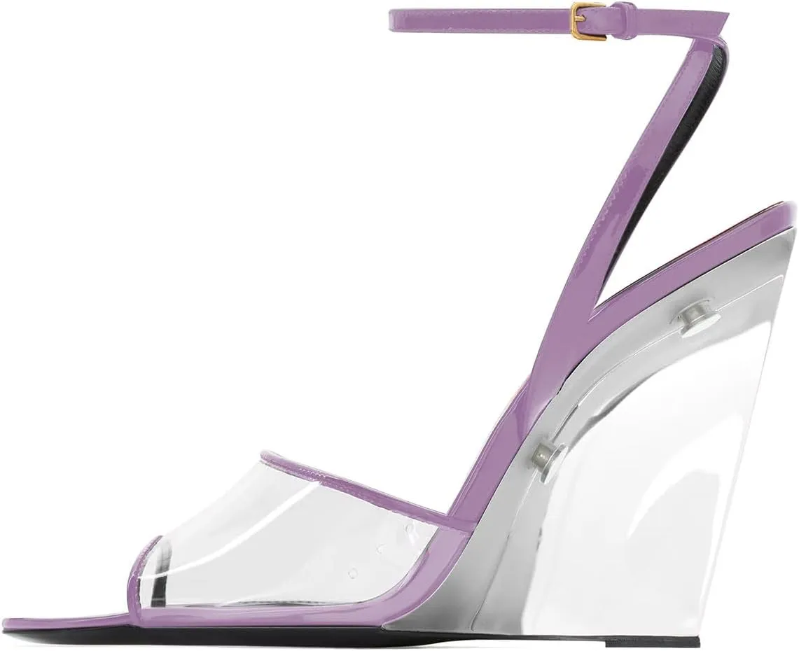 Women Fashion High Heel Transparent Wedge Summer Sandals Patent Ankle Straps with Buckle Sexy Peep Toe Sandals 5-12 US