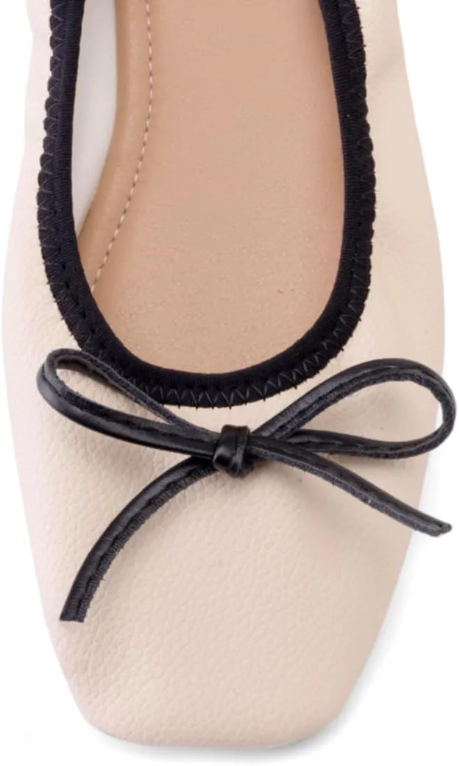 Women Foldable Ballet Flats Bow Square Slip On Ballet Flats Comfortable Closed Round Toe Dress Bow Flats Soft Low Flat Heel Dress Shoes Bow Fold Walking Flats Chic Matte 4-11 M US