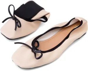 Women Foldable Ballet Flats Bow Square Slip On Ballet Flats Comfortable Closed Round Toe Dress Bow Flats Soft Low Flat Heel Dress Shoes Bow Fold Walking Flats Chic Matte 4-11 M US