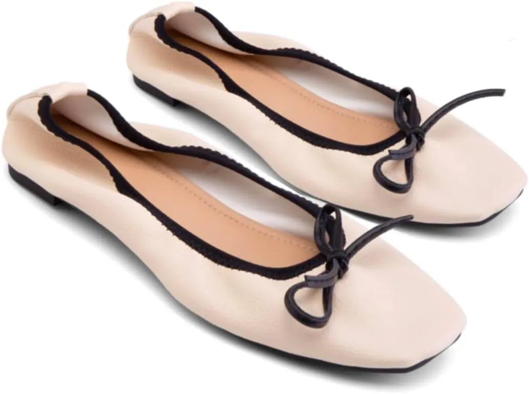 Women Foldable Ballet Flats Bow Square Slip On Ballet Flats Comfortable Closed Round Toe Dress Bow Flats Soft Low Flat Heel Dress Shoes Bow Fold Walking Flats Chic Matte 4-11 M US