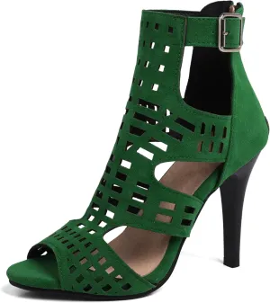 Women's Black Peep Toe High Heels  4 Inch Stiletto Sandals, PU Leather Roman Style with Breathable Cutouts & Back Zipper