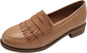 Women's British Style Tassel Penny Loafers Round Toe Slip-On Office Dress Shoes