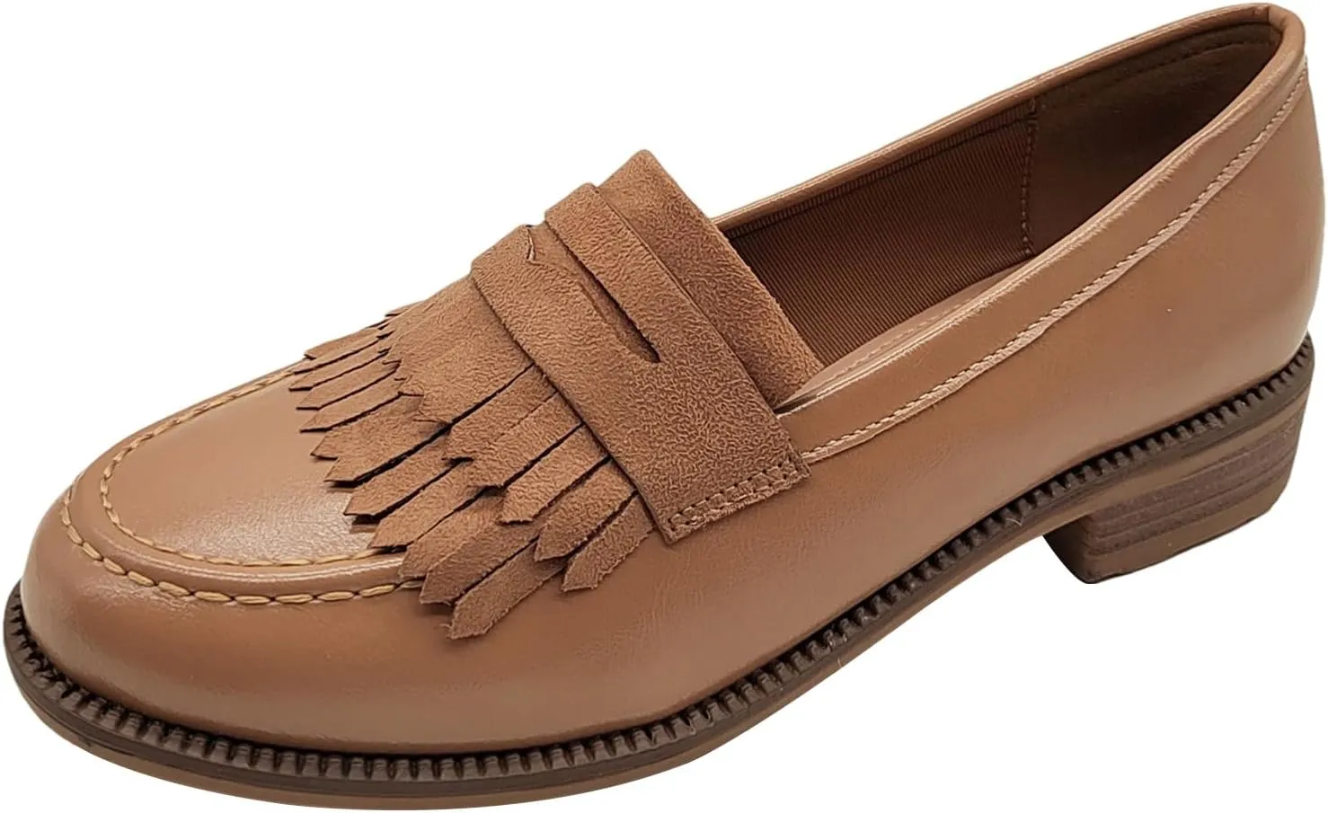 Women's British Style Tassel Penny Loafers Round Toe Slip-On Office Dress Shoes