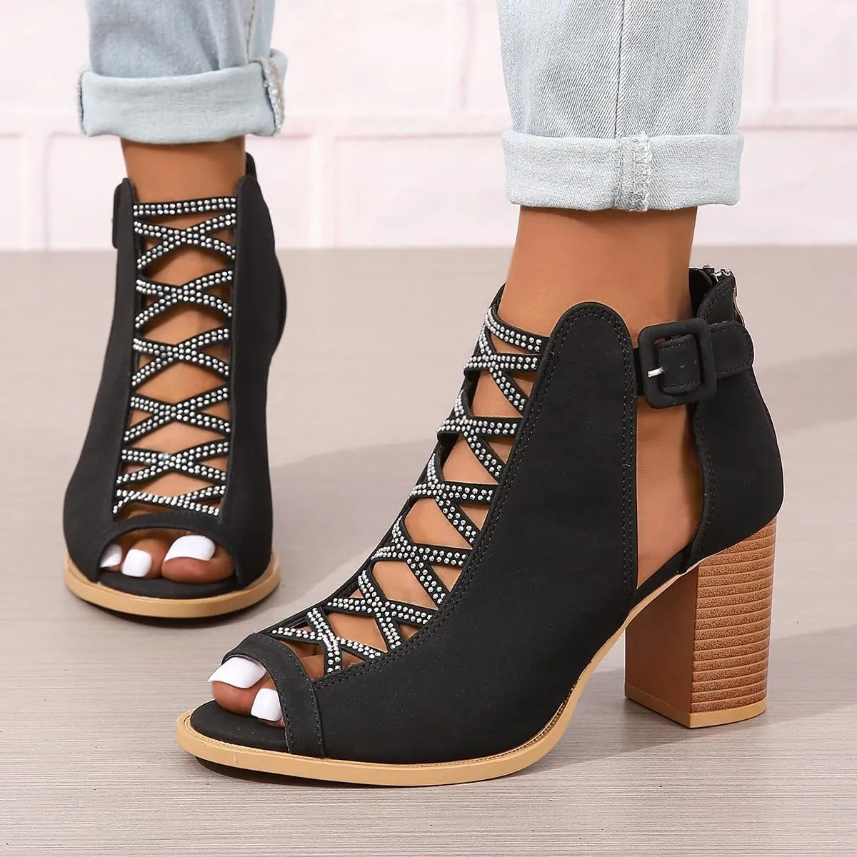 Women's Cutout Peep Toe Stacked Heeled Sandals Cutout Chunky Block Heels Sandals Dress Ankle Strap Buckle Booties