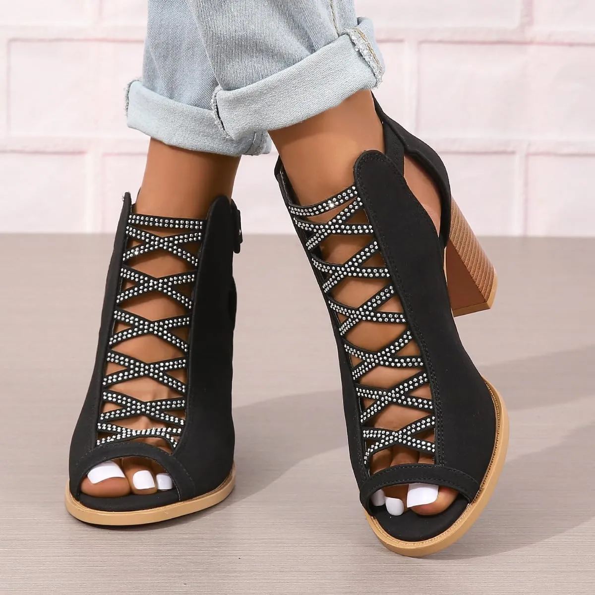 Women's Cutout Peep Toe Stacked Heeled Sandals Cutout Chunky Block Heels Sandals Dress Ankle Strap Buckle Booties