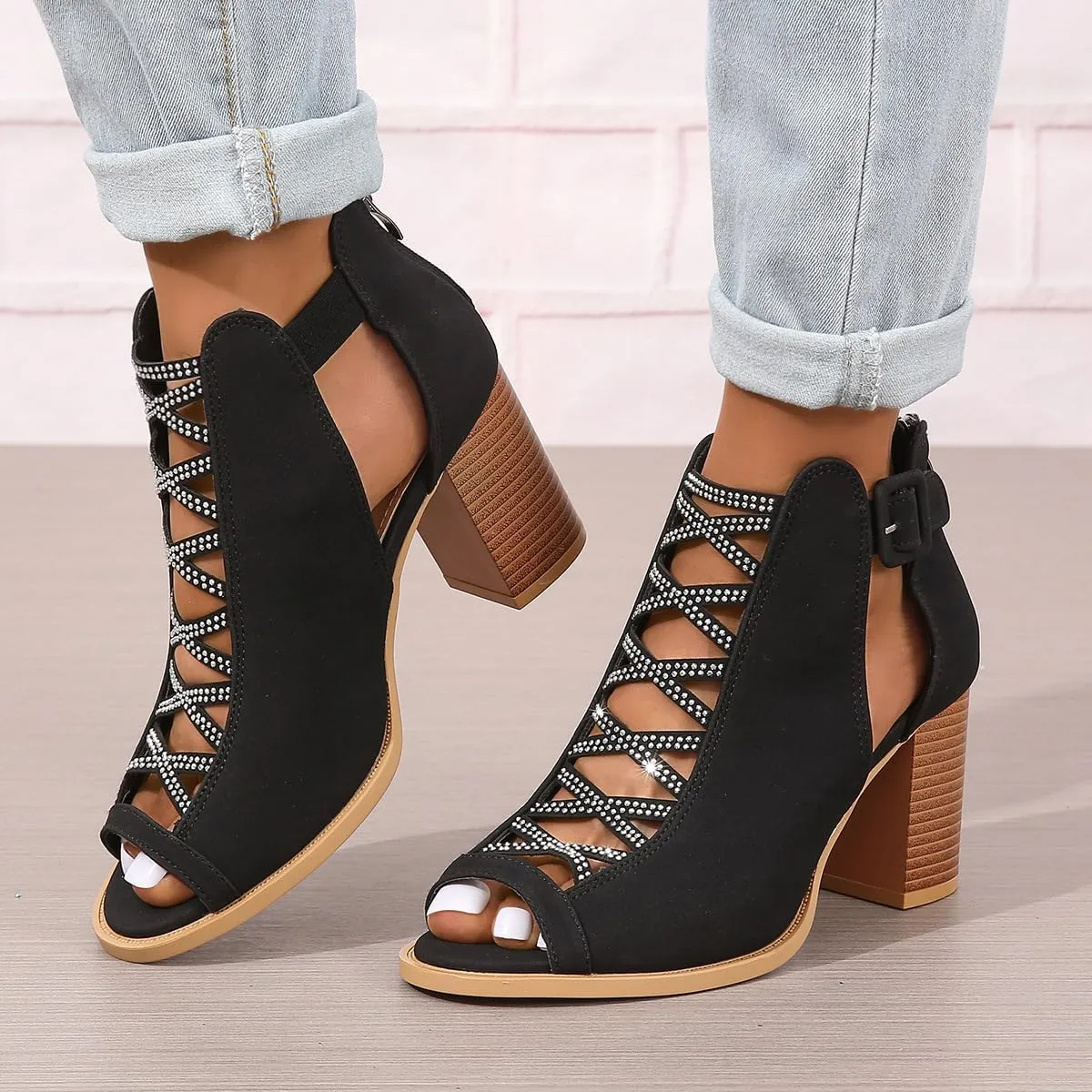 Women's Cutout Peep Toe Stacked Heeled Sandals Cutout Chunky Block Heels Sandals Dress Ankle Strap Buckle Booties