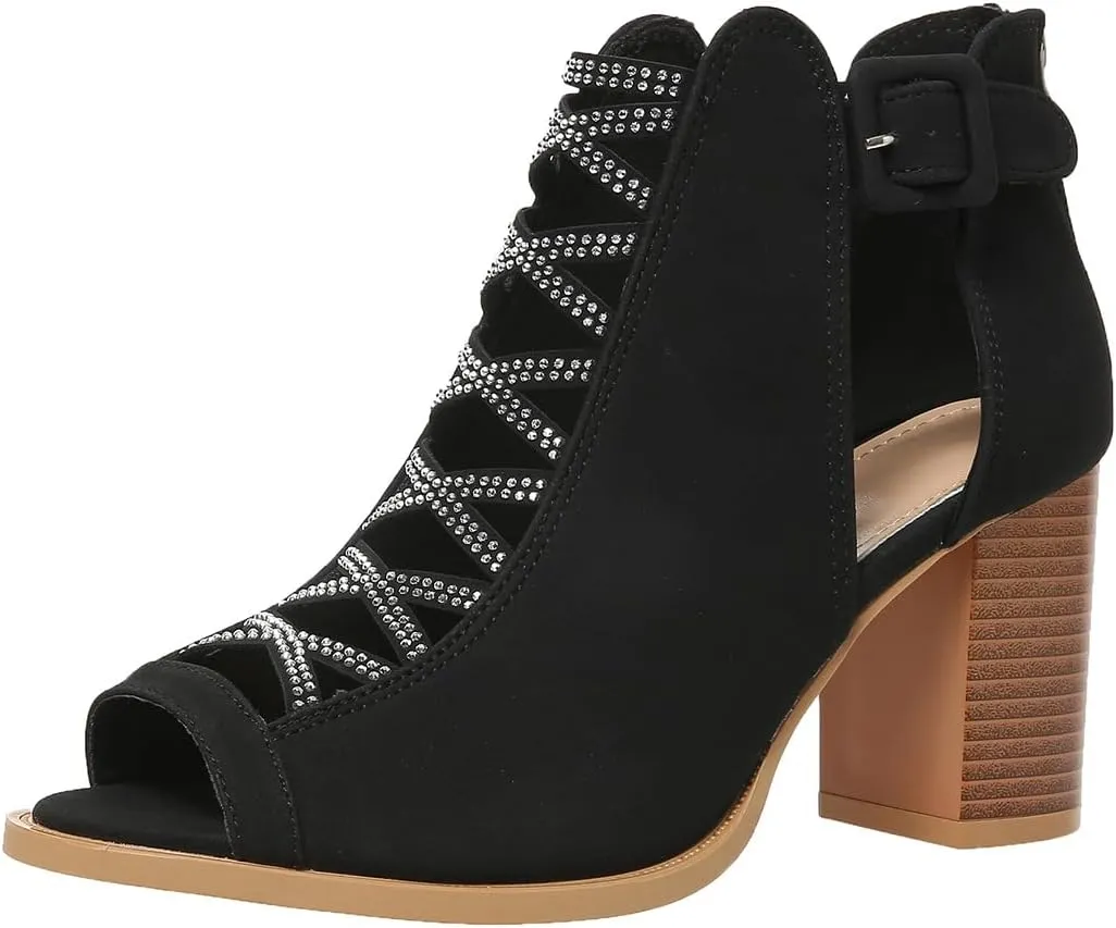 Women's Cutout Peep Toe Stacked Heeled Sandals Cutout Chunky Block Heels Sandals Dress Ankle Strap Buckle Booties