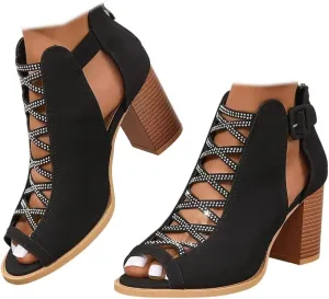 Women's Cutout Peep Toe Stacked Heeled Sandals Cutout Chunky Block Heels Sandals Dress Ankle Strap Buckle Booties