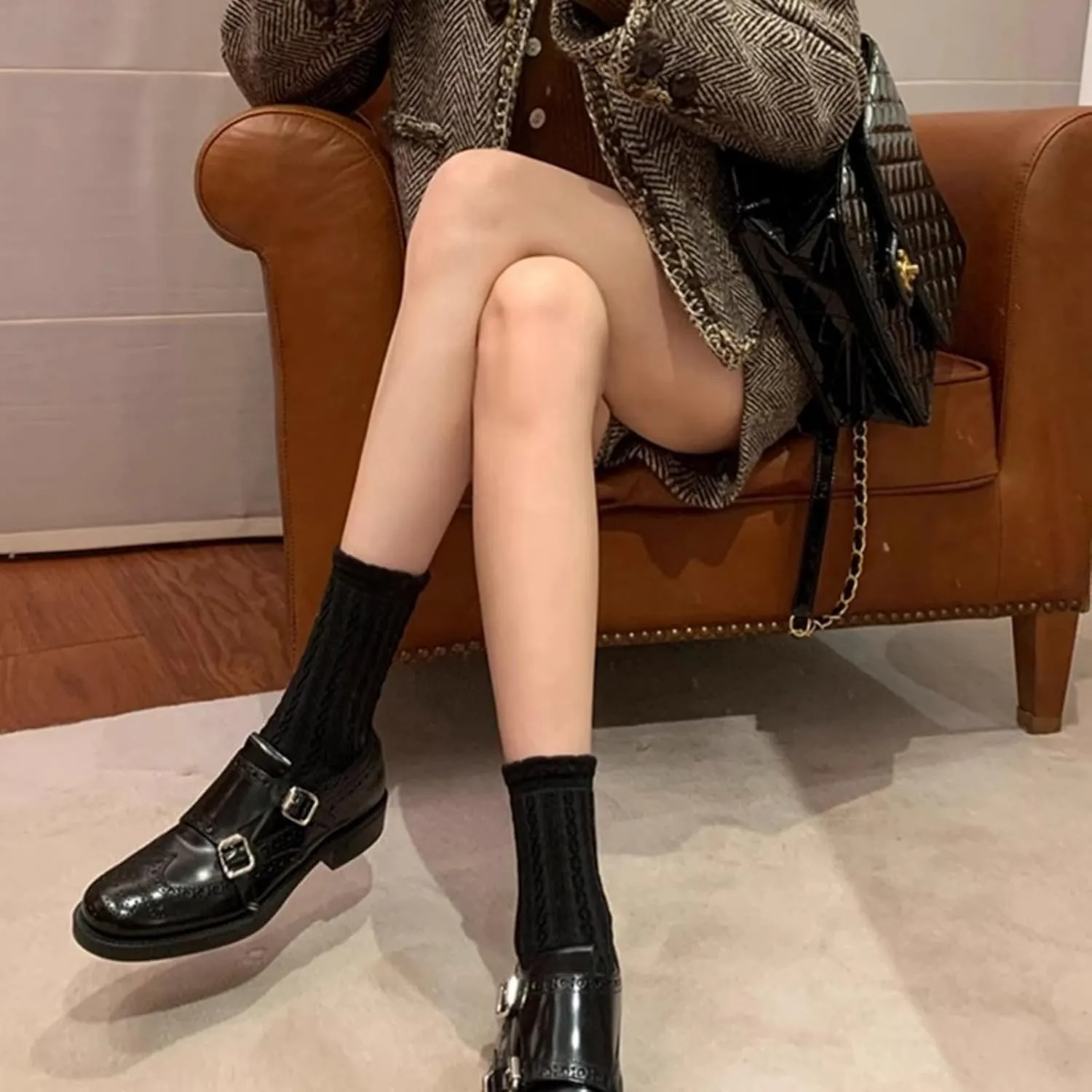 Women's Elegant Double Monk Brogues Low Block Heel Black Leather Dress Shoes