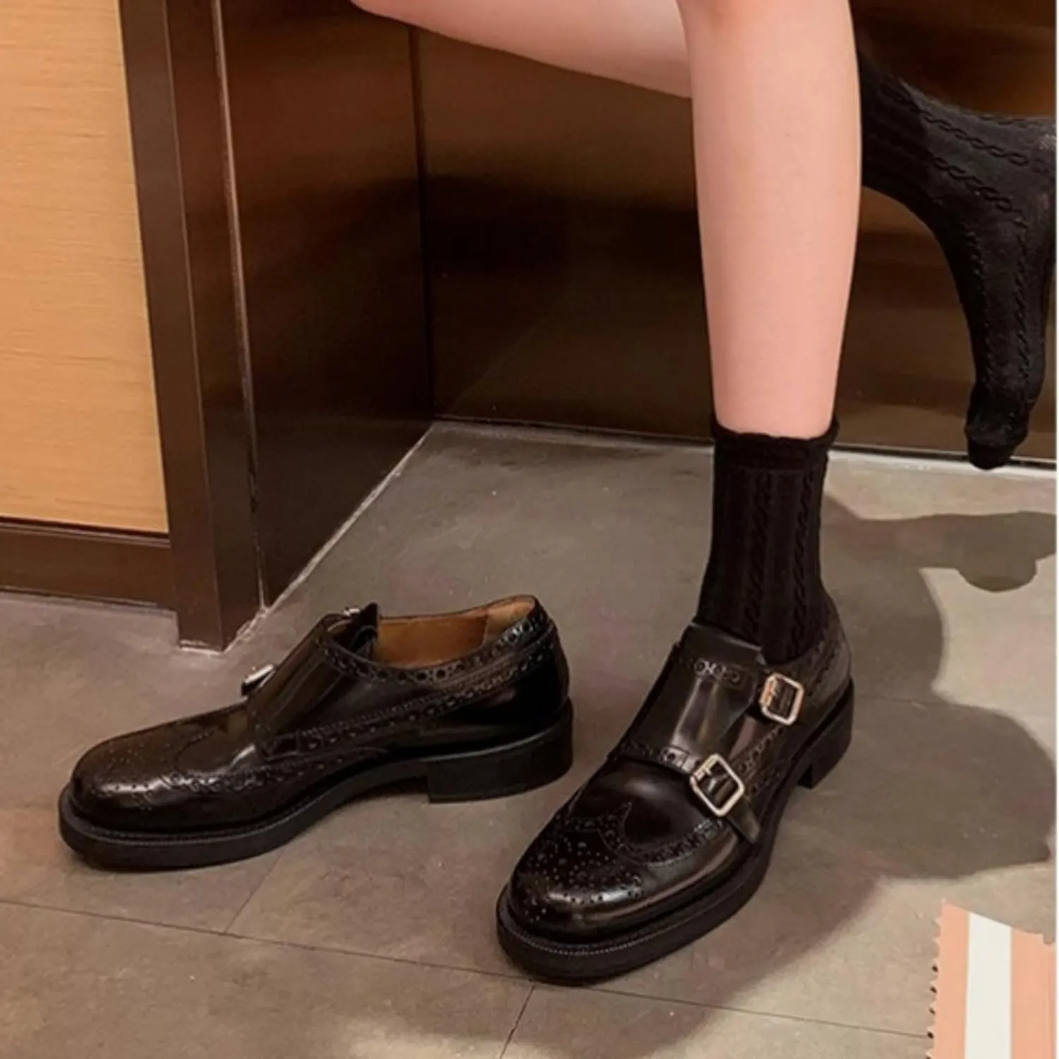 Women's Elegant Double Monk Brogues Low Block Heel Black Leather Dress Shoes