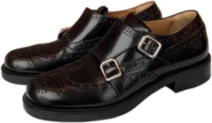 Women's Elegant Double Monk Brogues Low Block Heel Black Leather Dress Shoes