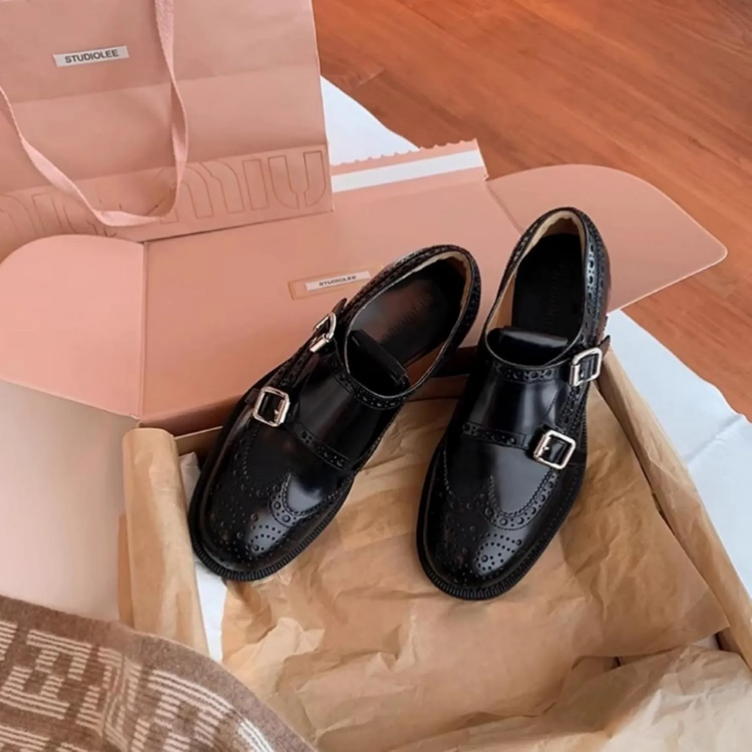 Women's Elegant Double Monk Brogues Low Block Heel Black Leather Dress Shoes