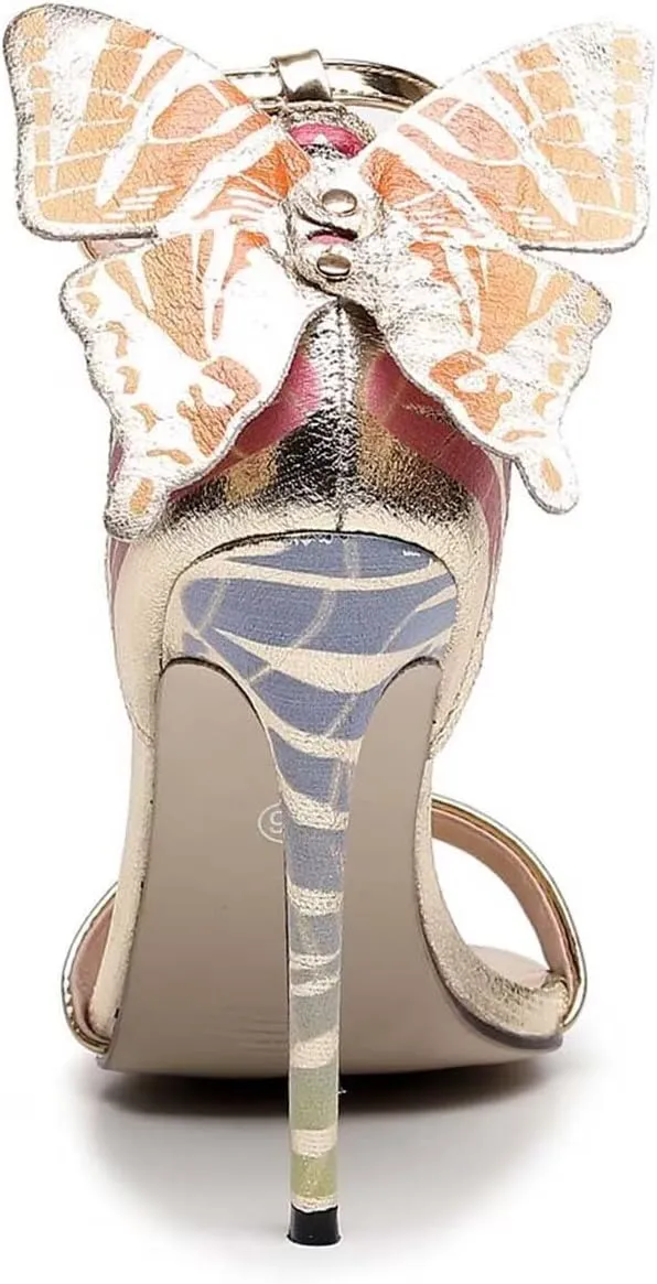 Women's Gold Sparkly Stiletto Heels - Butterfly Back Open Toe Ankle Strap Dress Sandals, Sexy High Heel Pumps for Party Wedding Evening Prom