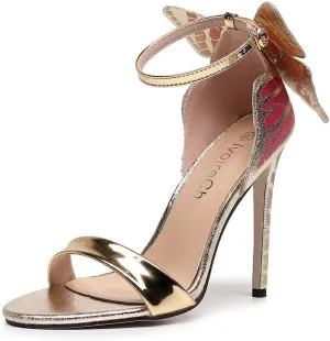 Women's Gold Sparkly Stiletto Heels - Butterfly Back Open Toe Ankle Strap Dress Sandals, Sexy High Heel Pumps for Party Wedding Evening Prom
