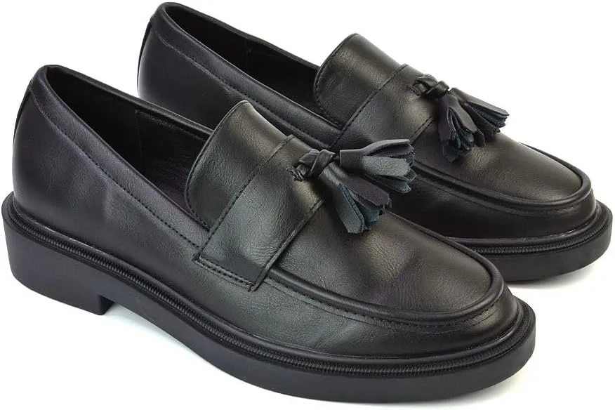 Womens Low Heel Slip On Loafers Ladies Tassel Black Casual Cushioned Insole Flexible Office Work School Pumps Shoes Size 5-10
