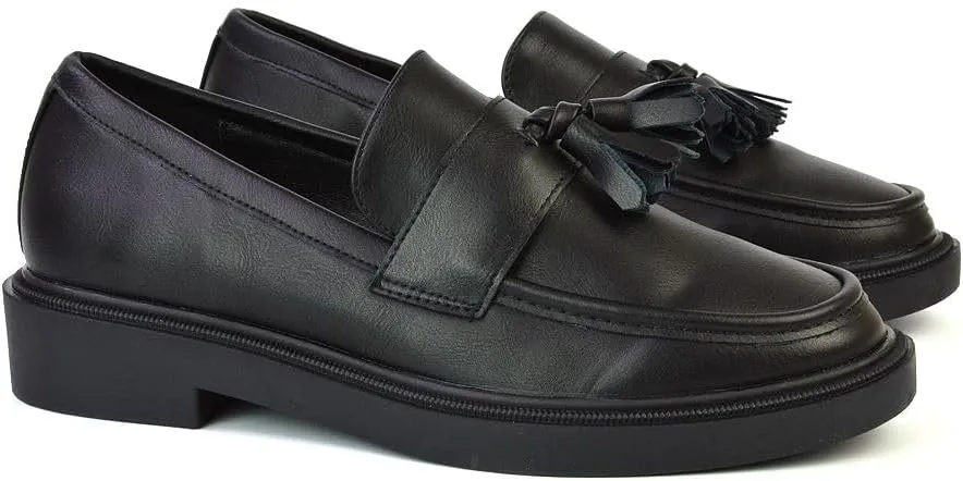 Womens Low Heel Slip On Loafers Ladies Tassel Black Casual Cushioned Insole Flexible Office Work School Pumps Shoes Size 5-10