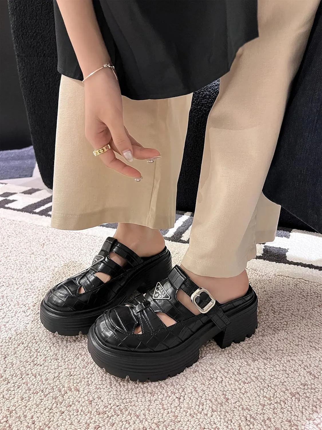 Women's Platform Hollow Woven Fisherman Mules Slip-On Summer Fashion Adjustable Buckle Strappy Rome Sandals Comfortable High Chunky Heeled Casual Dress Shoes Shopping Daily Wear Pumps