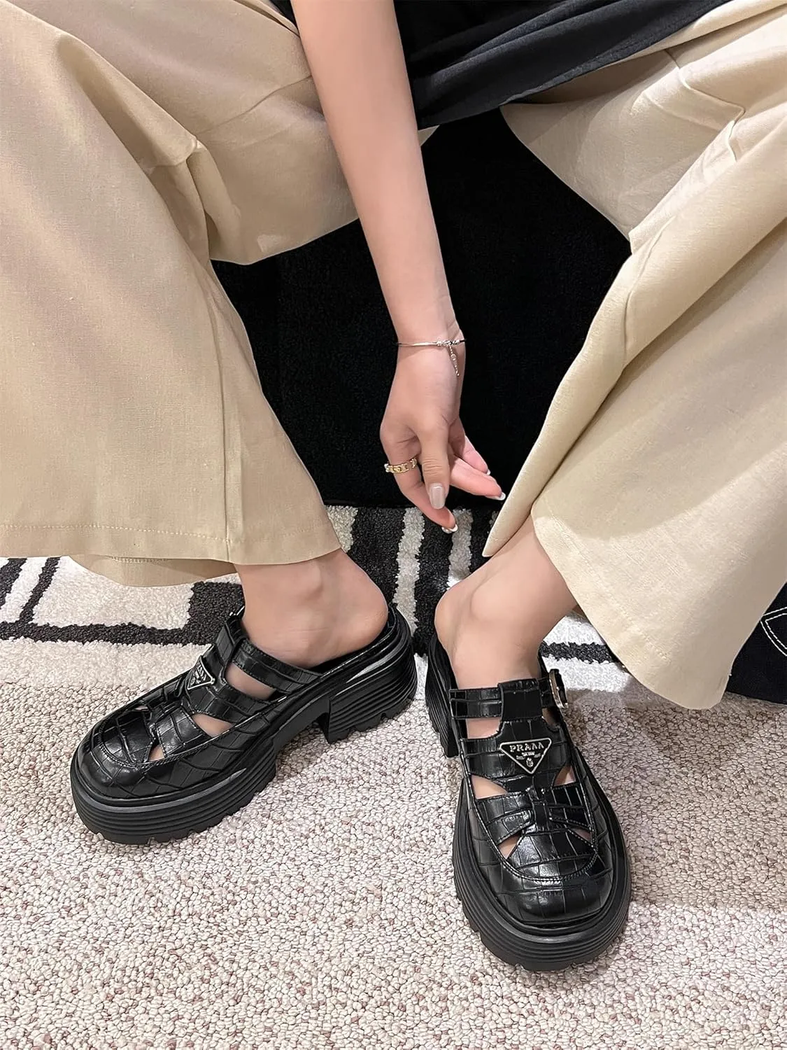 Women's Platform Hollow Woven Fisherman Mules Slip-On Summer Fashion Adjustable Buckle Strappy Rome Sandals Comfortable High Chunky Heeled Casual Dress Shoes Shopping Daily Wear Pumps