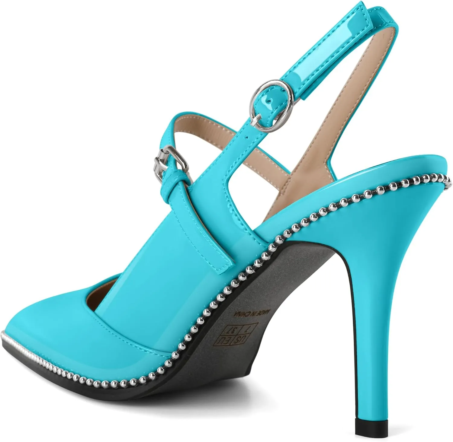 Women's Pointed Toe Mary Jane Pumps High Heels with Slingback Ankle Strap Beaded Heels 3.5 Inch Pumps Shoes