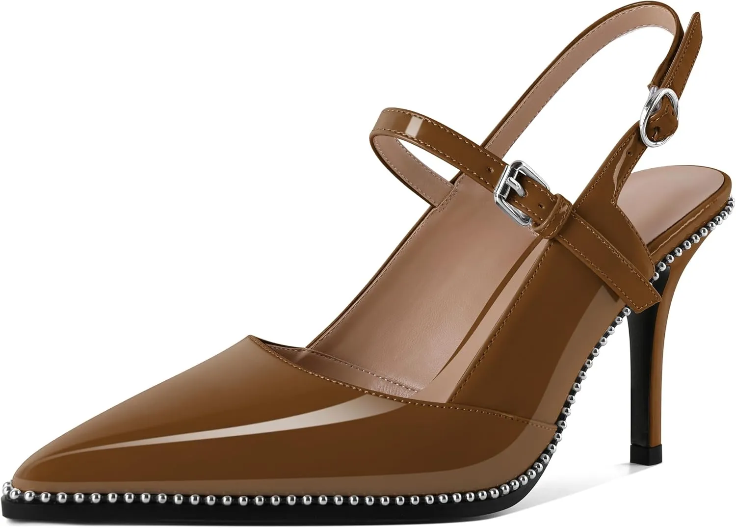 Women's Pointed Toe Mary Jane Pumps High Heels with Slingback Ankle Strap Beaded Heels 3.5 Inch Pumps Shoes