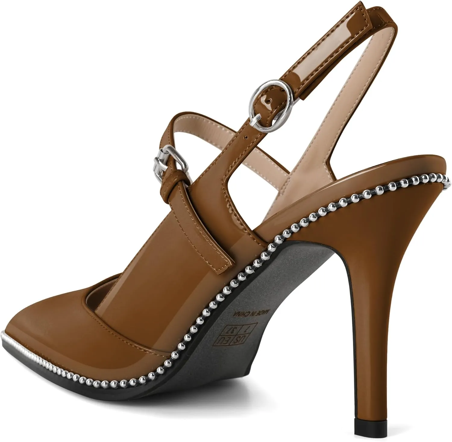 Women's Pointed Toe Mary Jane Pumps High Heels with Slingback Ankle Strap Beaded Heels 3.5 Inch Pumps Shoes